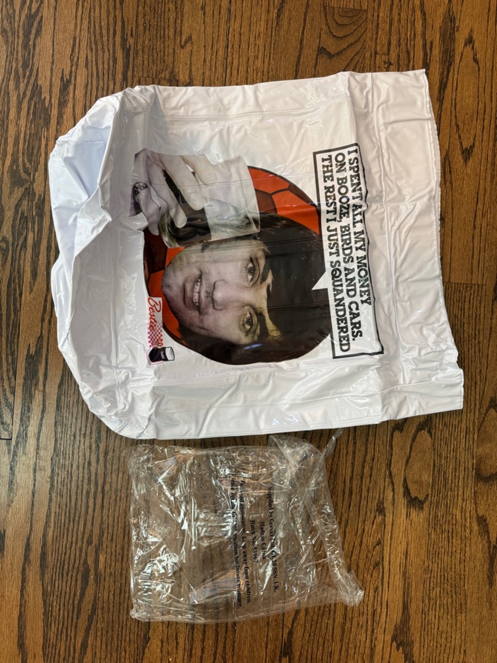 George Best Graphic White inflatable beer? Bag with Retro Portrait and Text